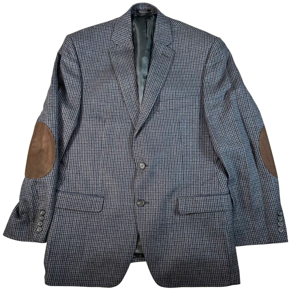 Chaps Mens 40R Wool Blazer Blue Gray Houndstooth Elbow Patches Sport Coat 40 R
